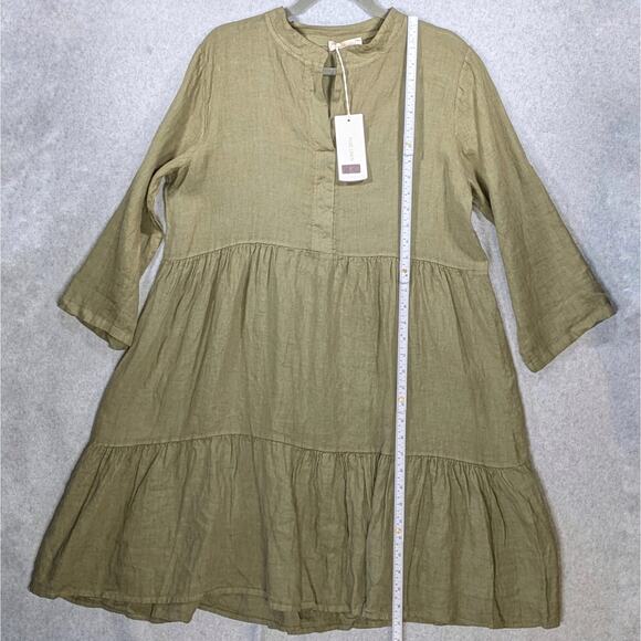 NWT Bellambra Italy Linen Dress M Olive Babydoll Tiered Roll Tab Oversized - Picture 8 of 15